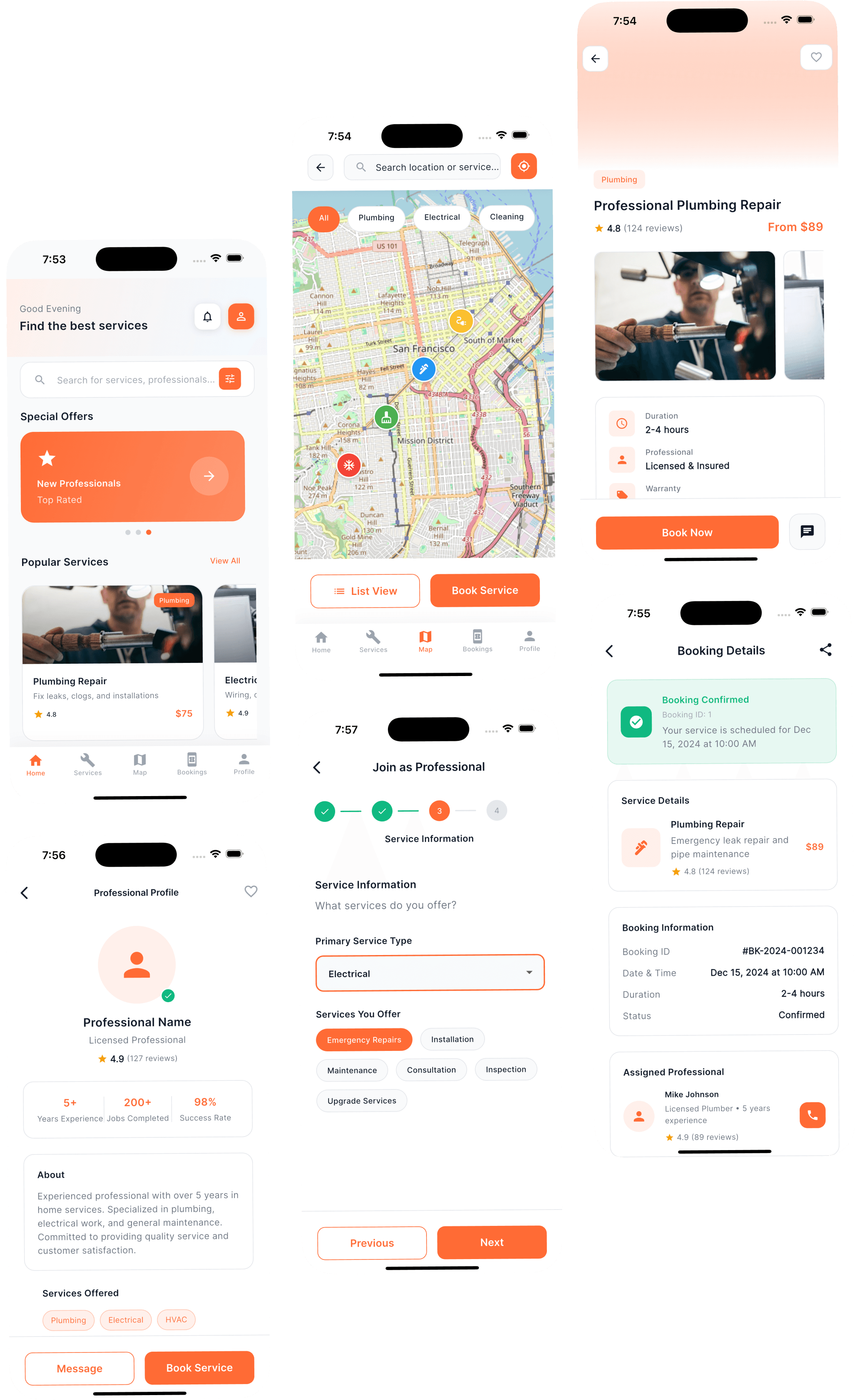 Fixy Flutter home service app UI kit showing modern booking interface dashboard with service categories, professional profiles, and booking management screens