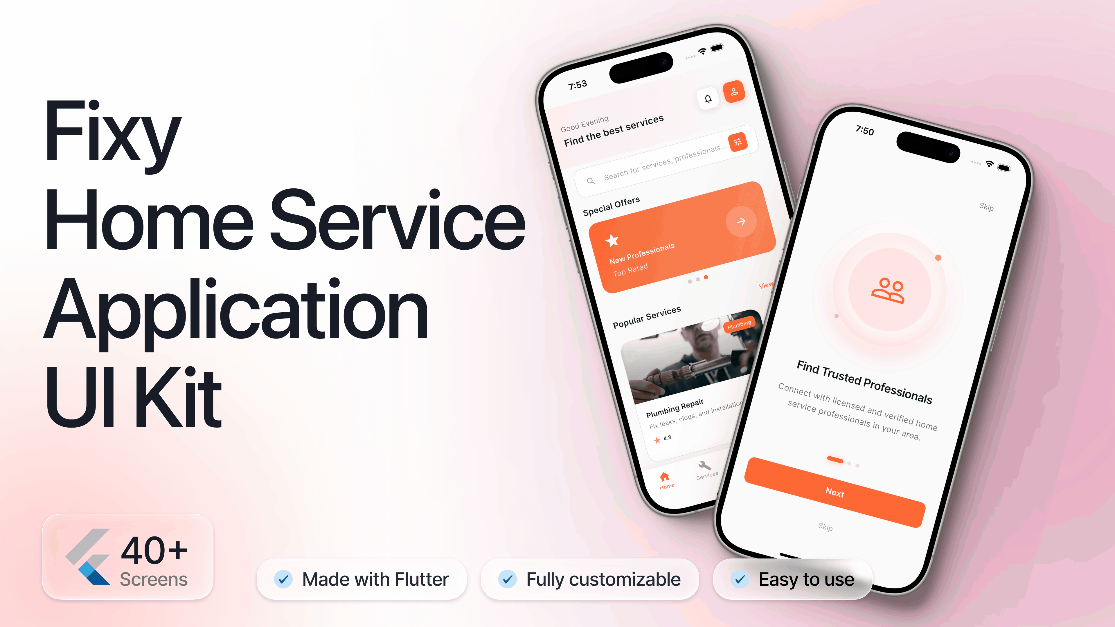 Fixy: Home Services Flutter UI Kit with 40+ Screens & Clean Architecture